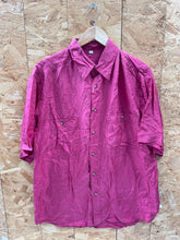 Vintage 90s bright rose pink 100% pure silk satin oversized short sleeve shirt size medium